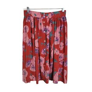 VTG Ralph Lauren Sz 12 100% Silk Made in Italy Floral A-Line Midi Button Skirt